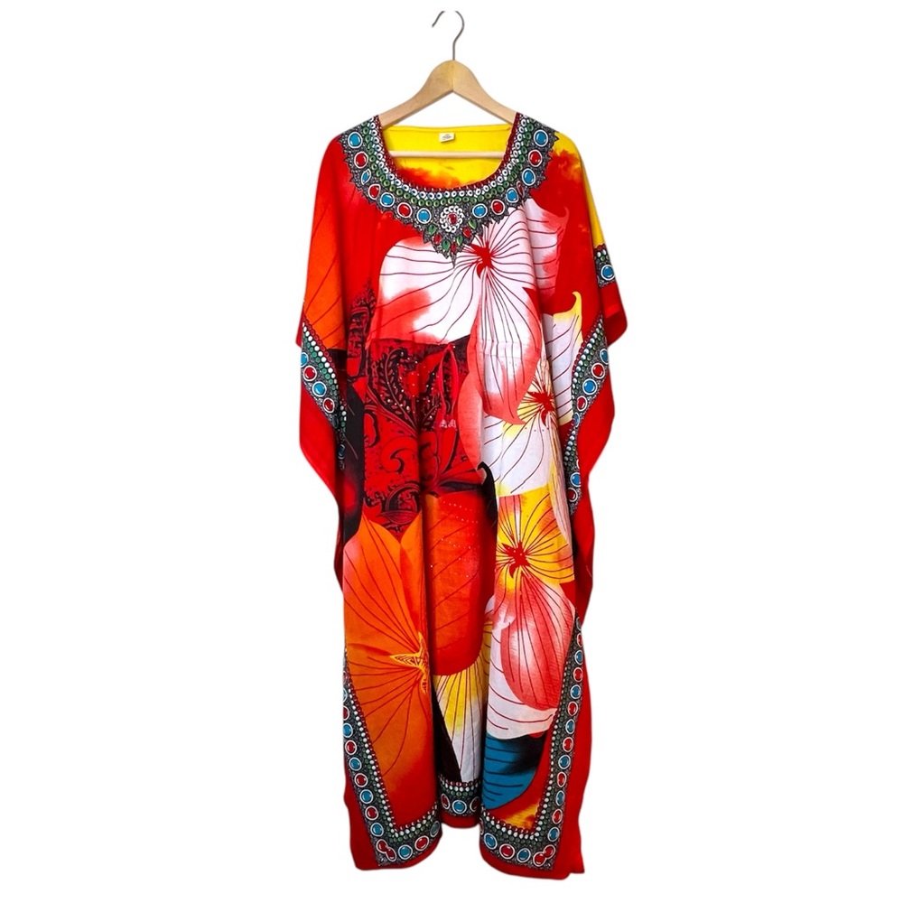 Kaftan Floral Dressing Gown Hibiscus Red Yellow Vibrant Drawstring Waist OS EUC